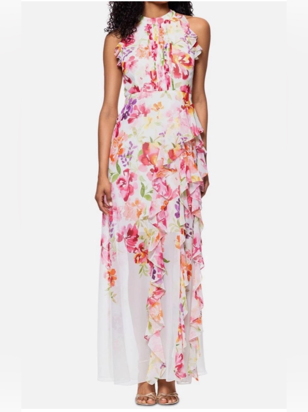 Betsy & Adam Women White Pink Floral Print Ruffles Sleeveless Gown Dress Size 12